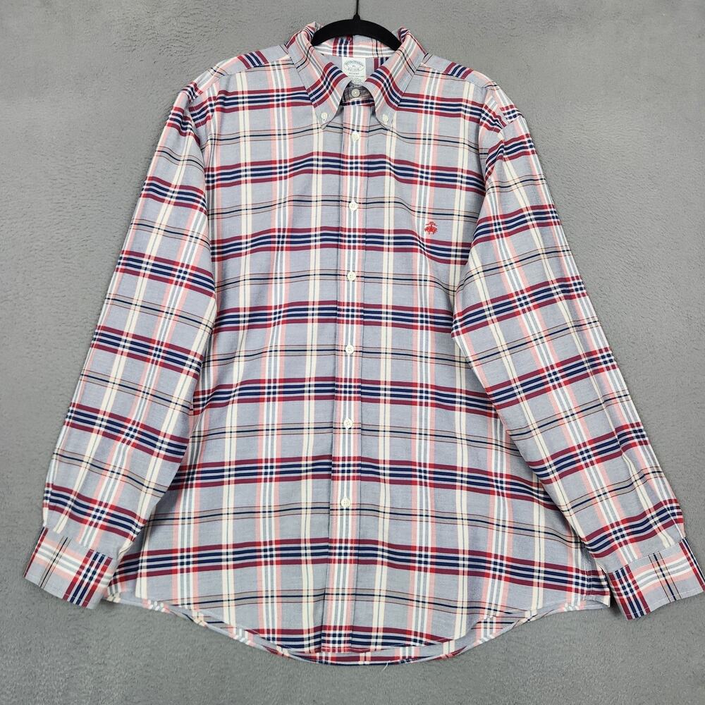 Brooks Brothers Dress Shirt Mens XL Red Blue Plaid Regent Non Iron Cotton OCBD